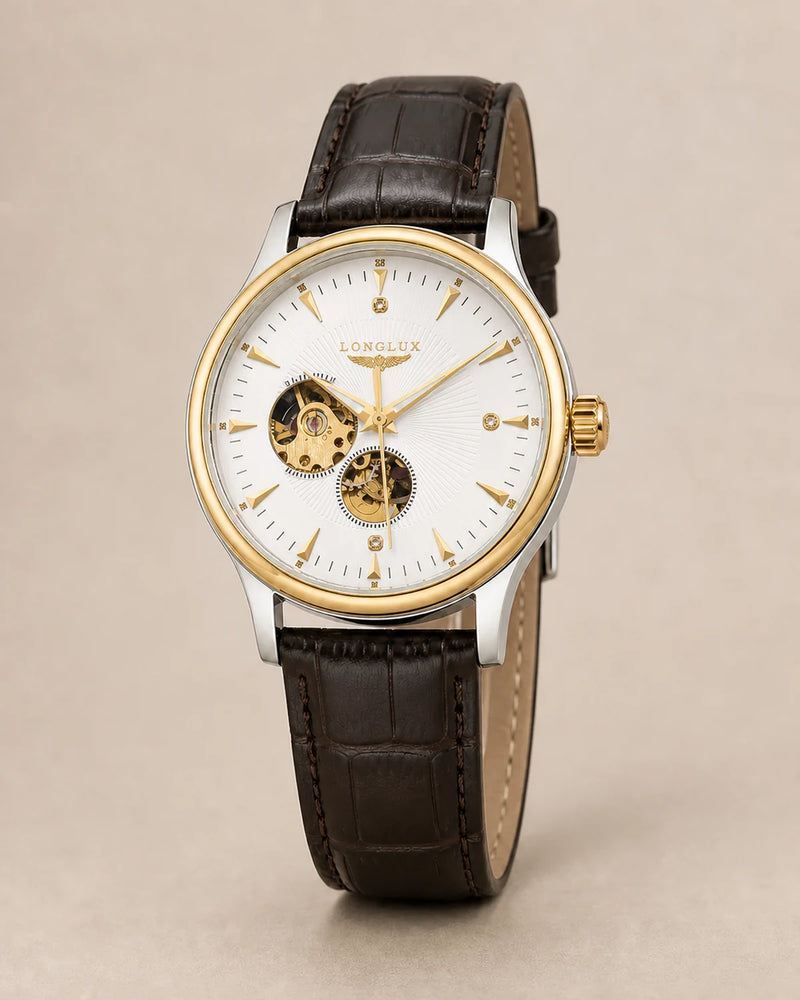 Relógio Masculino Automático Pulseira de Couro Vittorio Gold Silver White em fundo neutro