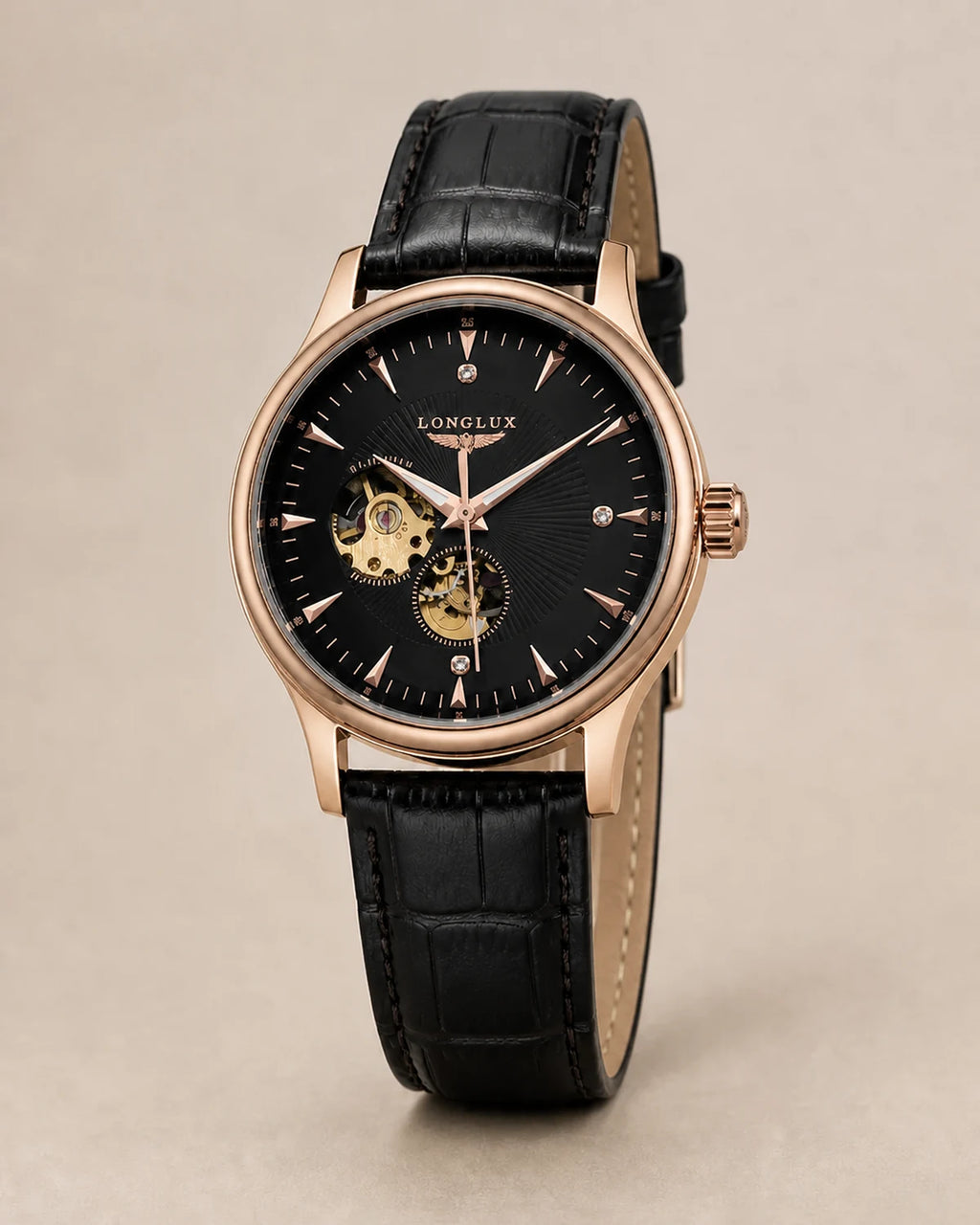 Relógio Masculino Automático Pulseira de Couro Vittorio Rose Gold Black em fundo neutro