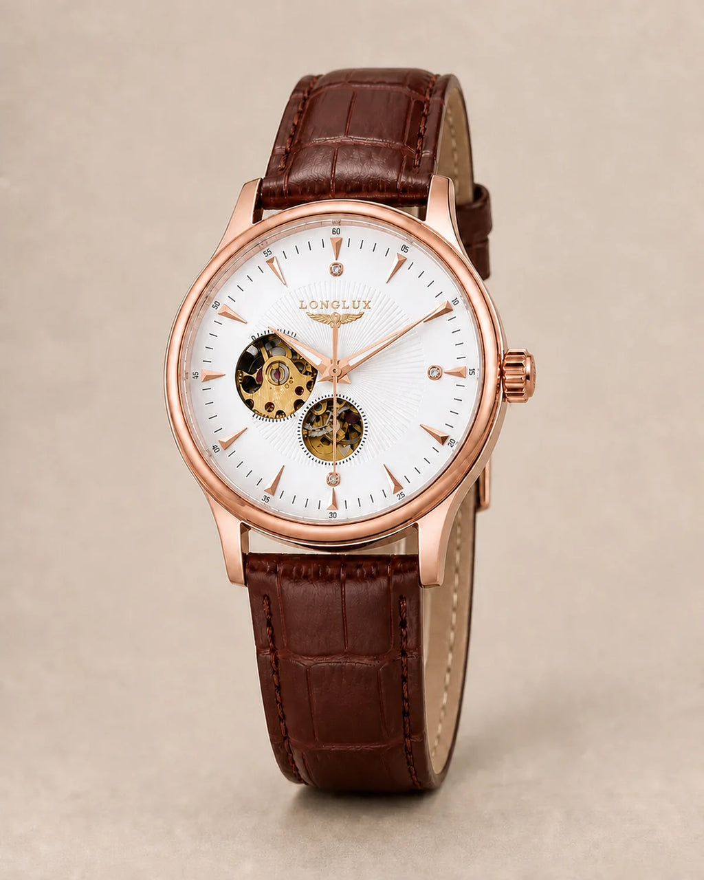 Relógio Masculino Automático Pulseira de Couro Vittorio Rose Gold White em fundo neutro