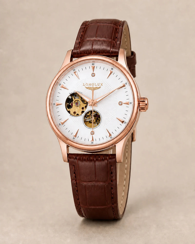 Relógio Masculino Automático Pulseira de Couro Vittorio Rose Gold White em fundo neutro