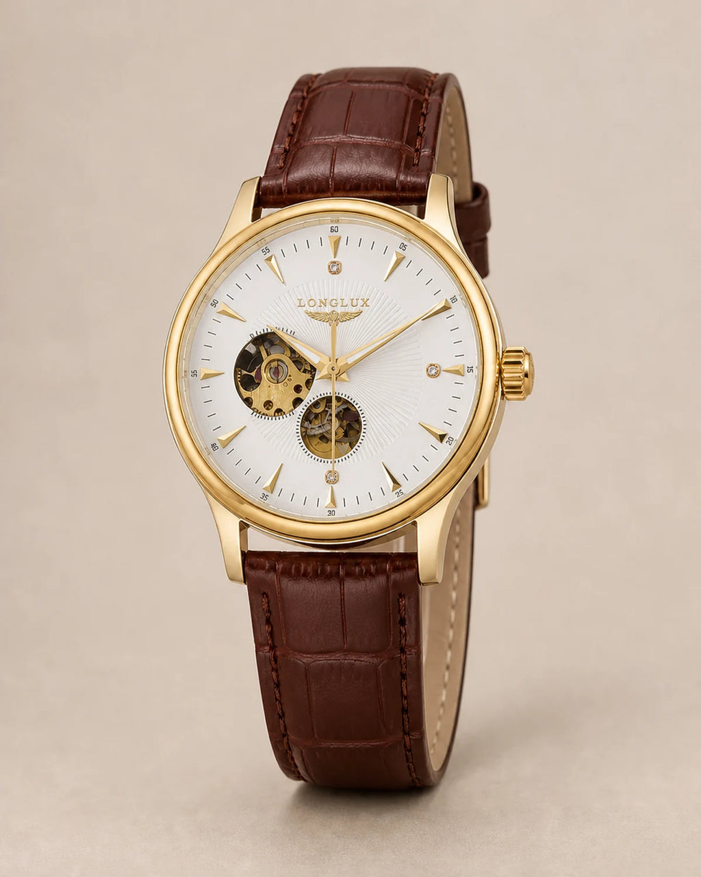 Relógio Masculino Automático Pulseira de Couro Vittorio White Gold em fundo neutro