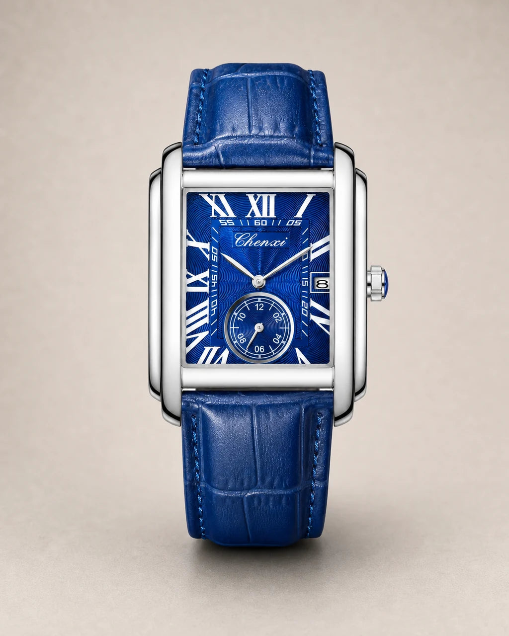 Relógio Masculino Quartz Windsor Blue em fundo greige texturizado, vista frontal