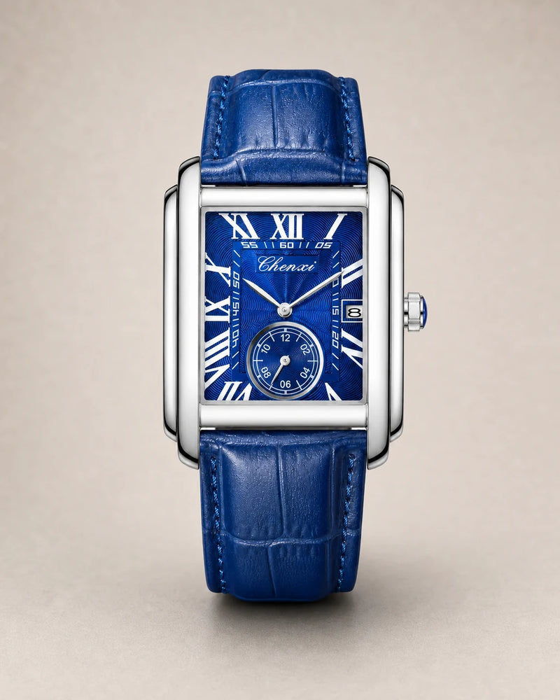 Relógio Masculino Quartz Windsor Blue em fundo greige texturizado, vista frontal