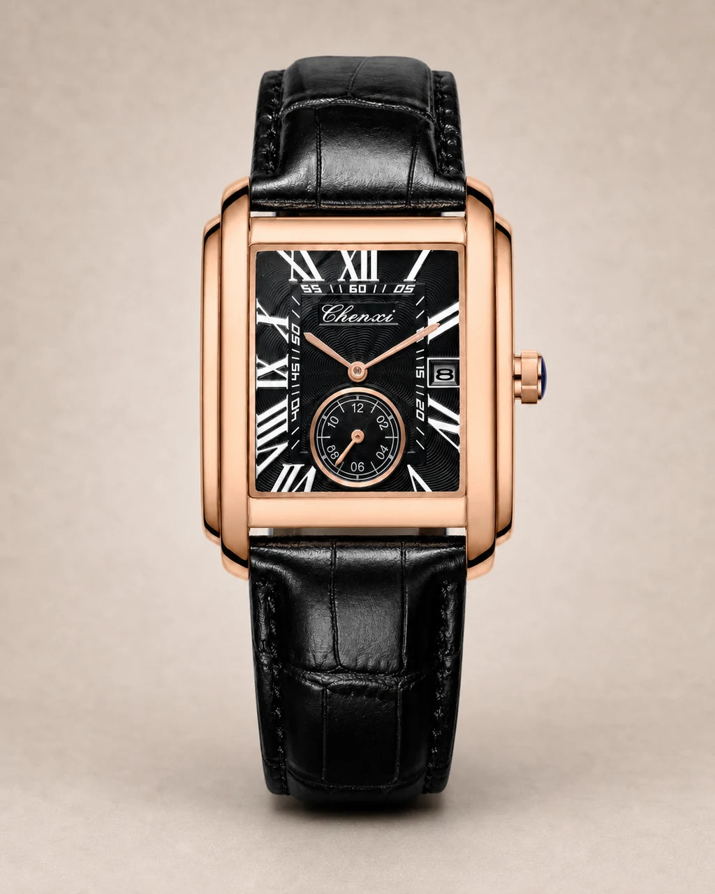 Relógio Masculino Quartz Windsor Rose Black em fundo greige texturizado, vista frontal