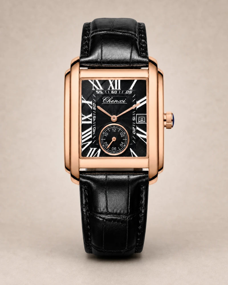 Relógio Masculino Quartz Windsor Rose Black em fundo greige texturizado, vista frontal