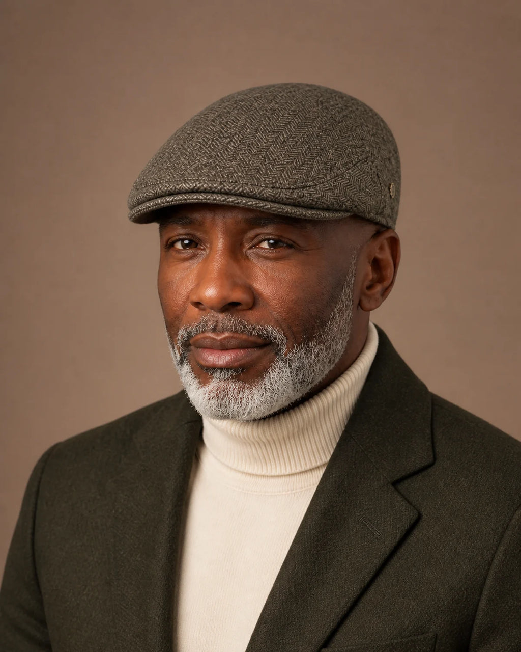 Homem negro 50+ usando a Boina Masculina Inglesa Lã Tweed Dublin Khaki em look formal