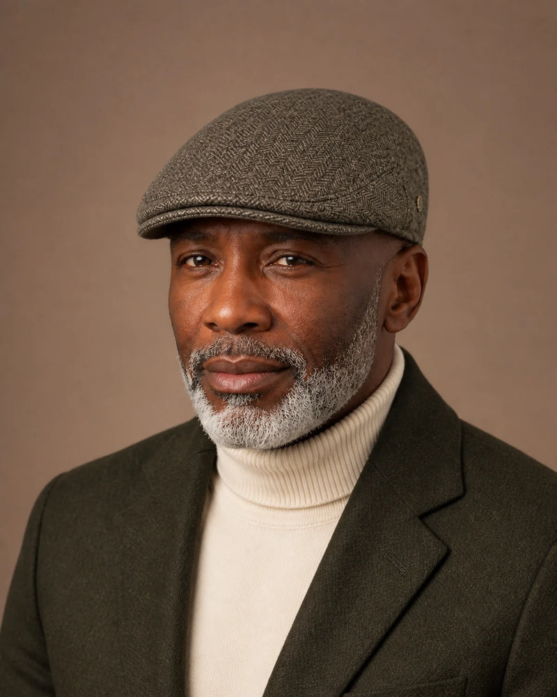 Homem negro 50+ usando a Boina Masculina Inglesa Lã Tweed Dublin Khaki em look formal