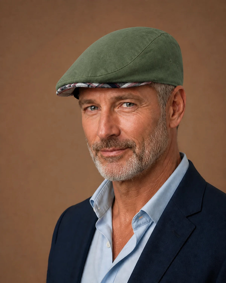 Boina Masculina Inglesa Linho Ascot Green em close com look formal