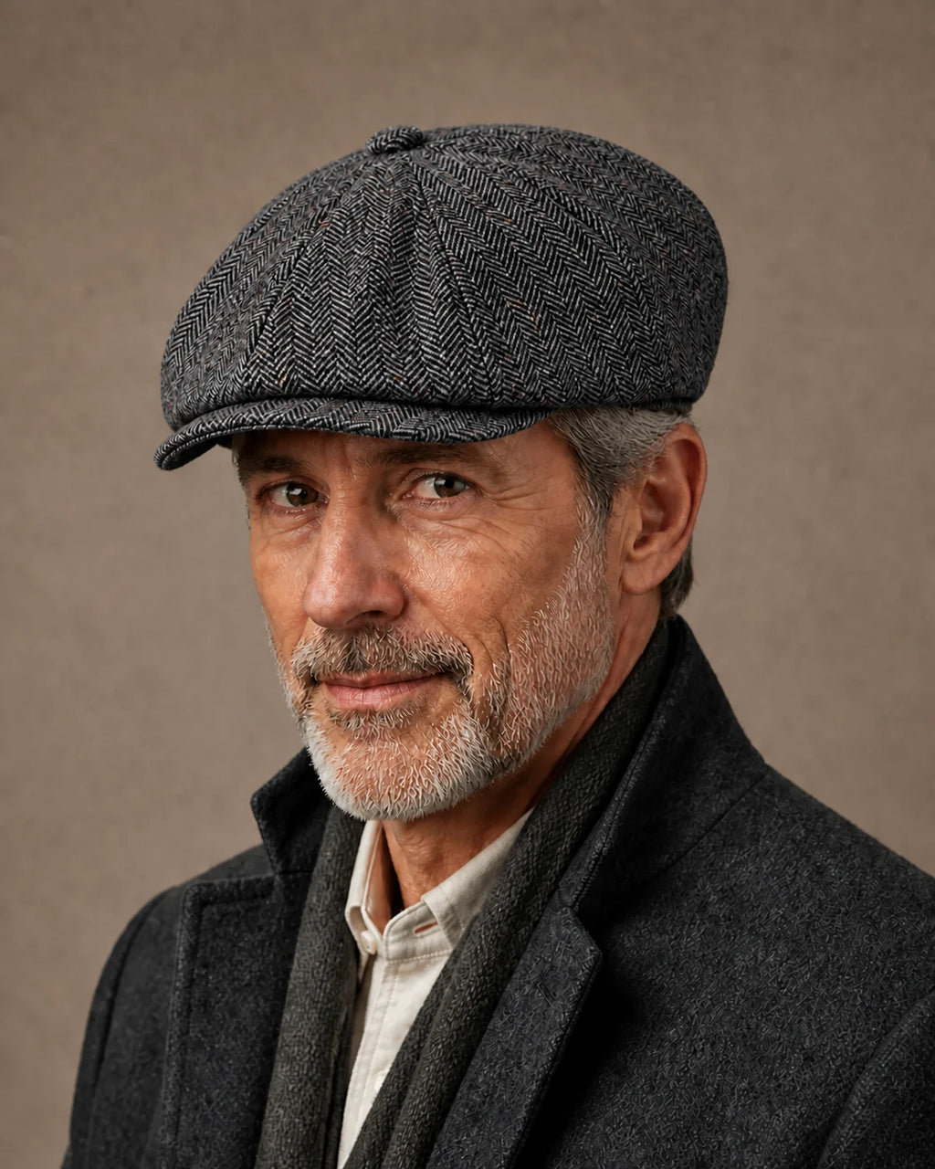 Homem 50+ usando a Boina Galway Flecked Grey em look formal