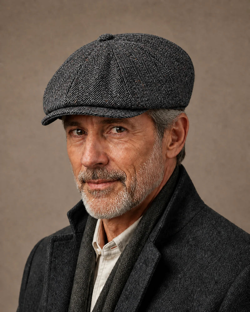 Homem 50+ usando a Boina Galway Flecked Grey em look formal