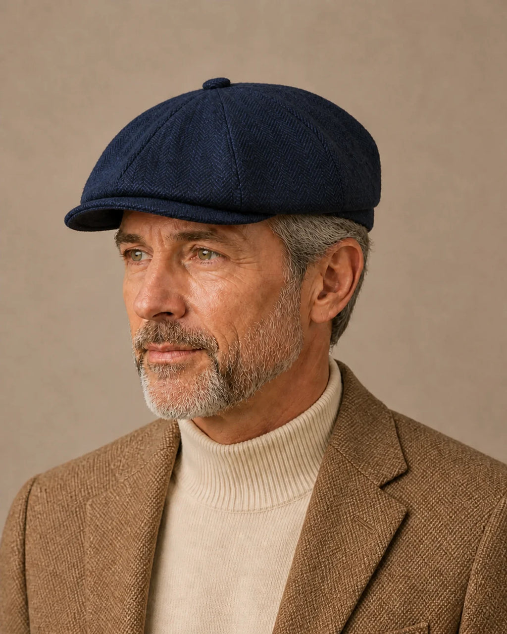 Homem 50+ usando a Boina Galway Navy em look formal