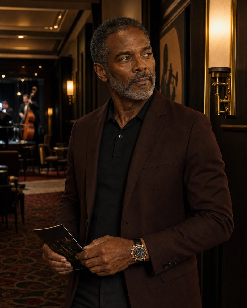 Homem 45+ usando Relógio Aurelius Rose Black em ambiente de jazz sofisticado