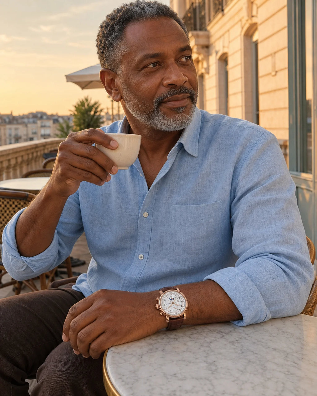 Homem negro 45+ usando Relógio Aurelius Rose White em look casual refinado