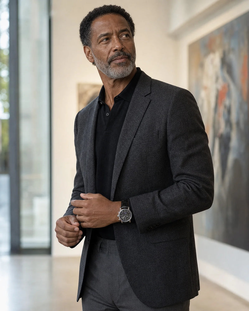 Homem 45+ usando Relógio Aurelius Silver Black em galeria contemporânea