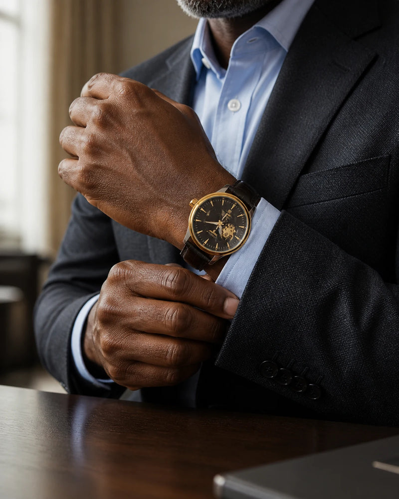 Homem negro 45+ usando o Relógio Masculino Automático Vittorio Black Gold
