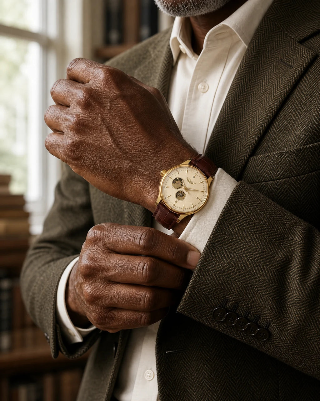 Relógio Masculino Automático Pulseira de Couro Vittorio Champagne Gold no pulso de homem maduro