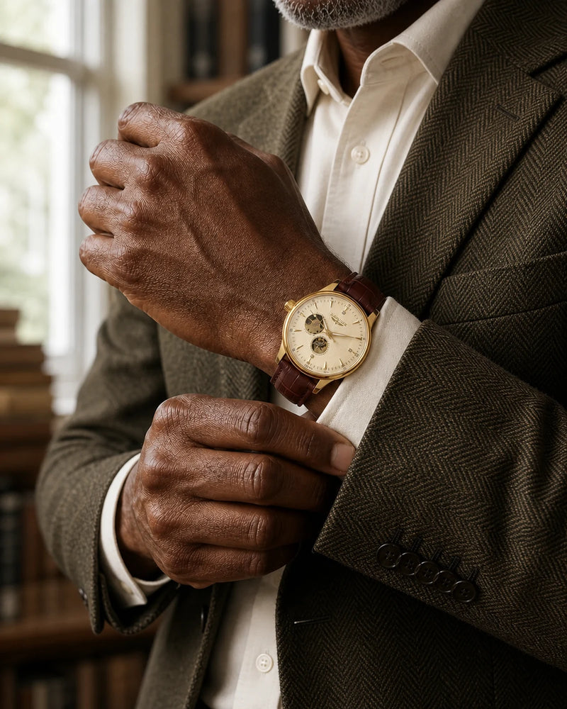Relógio Masculino Automático Pulseira de Couro Vittorio Champagne Gold no pulso de homem maduro