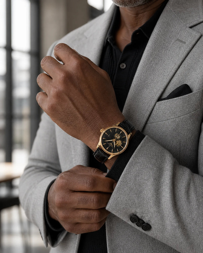 Relógio Masculino Automático Pulseira de Couro Vittorio Gold Black no pulso de homem maduro