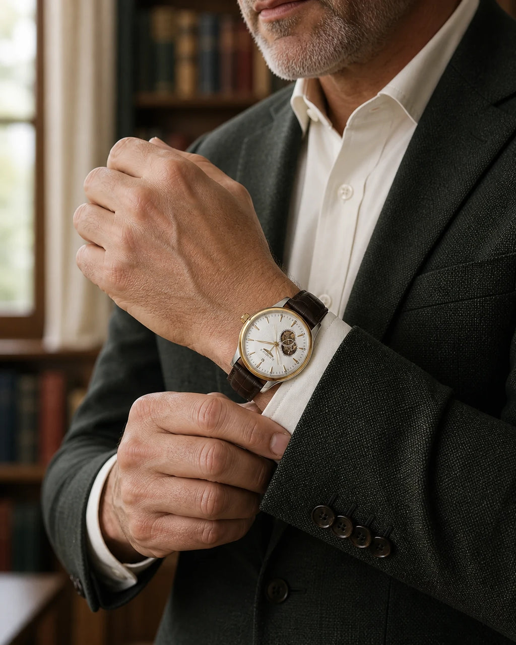 Relógio Masculino Automático Pulseira de Couro Vittorio Gold Silver White no pulso de homem maduro
