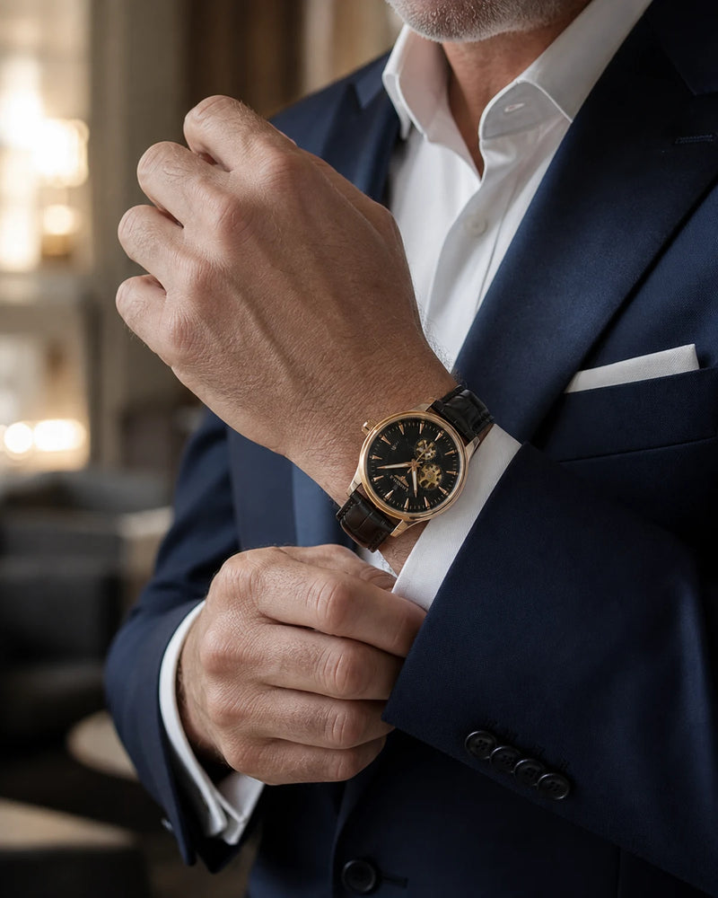 Relógio Masculino Automático Pulseira de Couro Vittorio Rose Gold Black no pulso de homem maduro