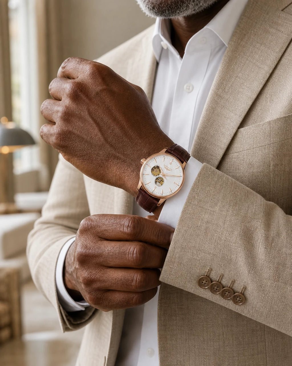 Relógio Masculino Automático Pulseira de Couro Vittorio Rose Gold White no pulso de homem maduro