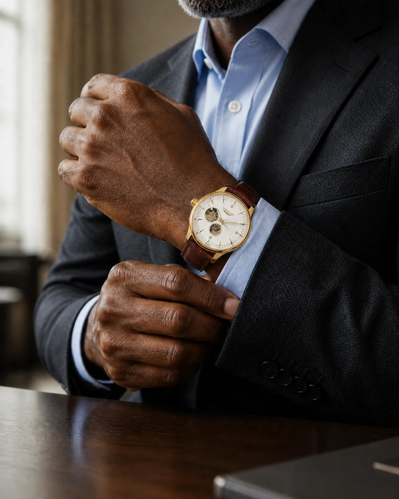 Relógio Masculino Automático Pulseira de Couro Vittorio White Gold no pulso de homem maduro