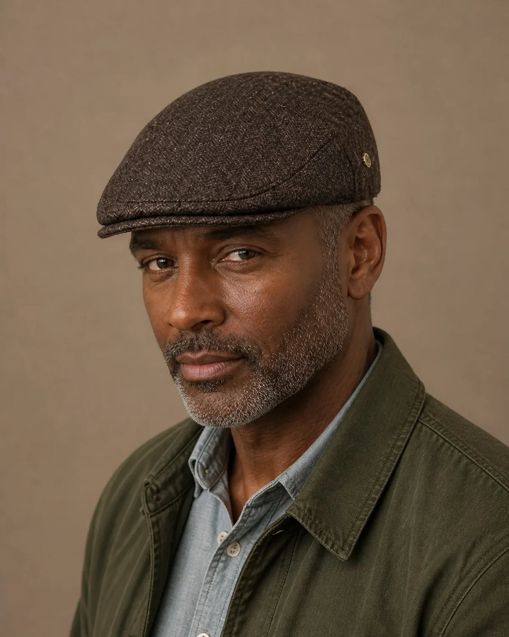 Homem negro 45+ usando a Boina Masculina Inglesa Lã Tweed Dublin Coffee em look casual