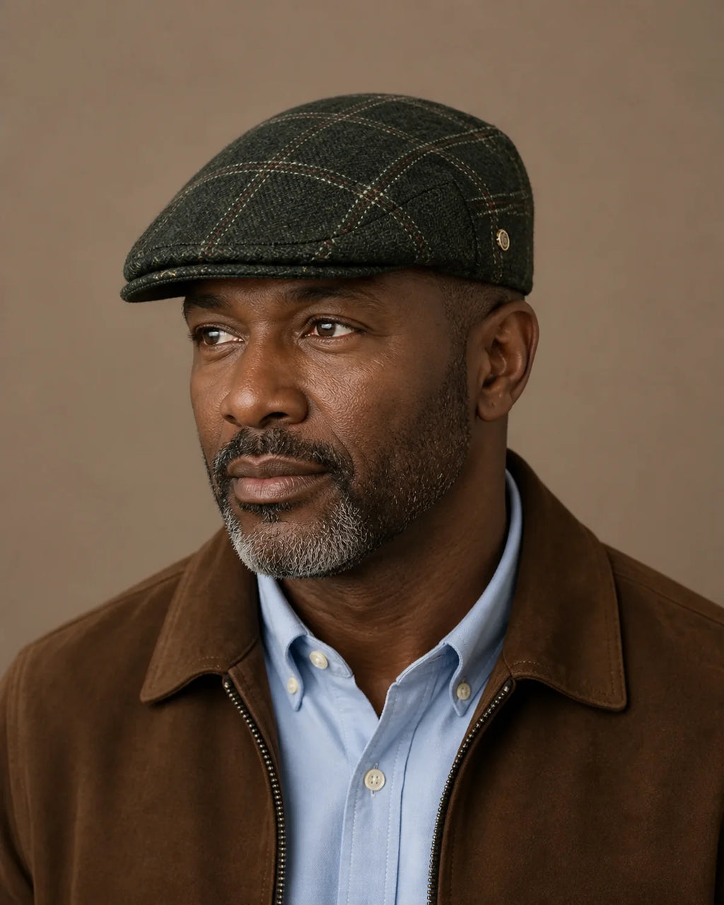 Homem negro 45+ usando a Boina Masculina Inglesa Lã Tweed Dublin Plaid Green em look casual