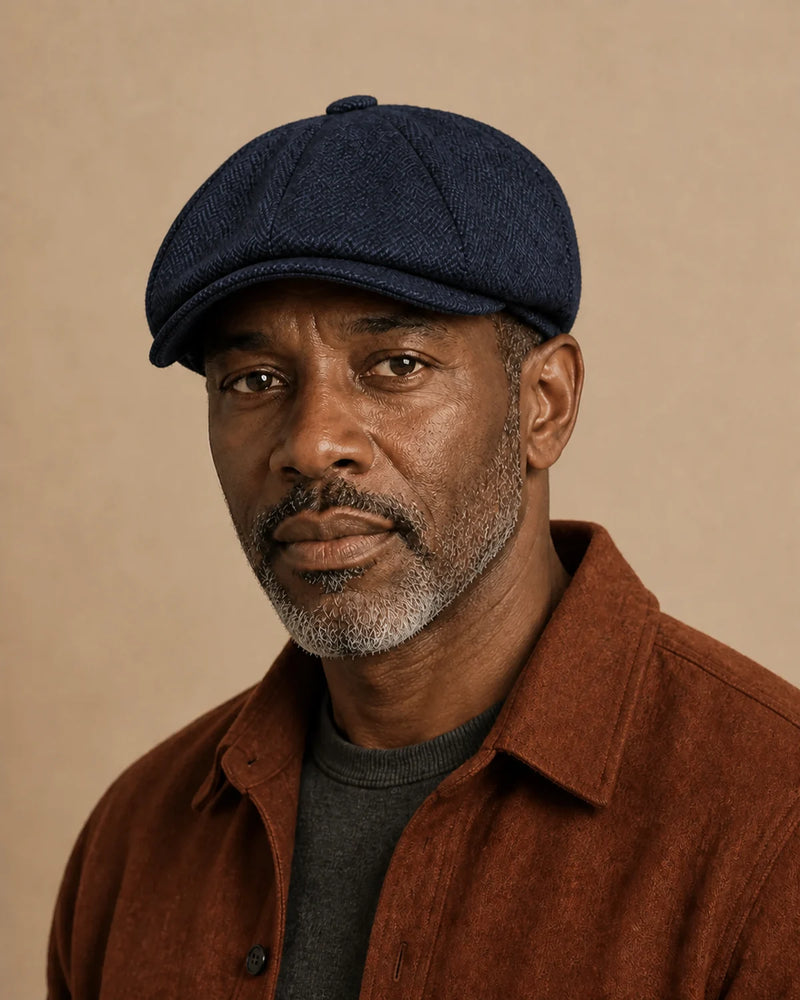 Homem negro 50+ usando a Boina Galway Navy em look casual