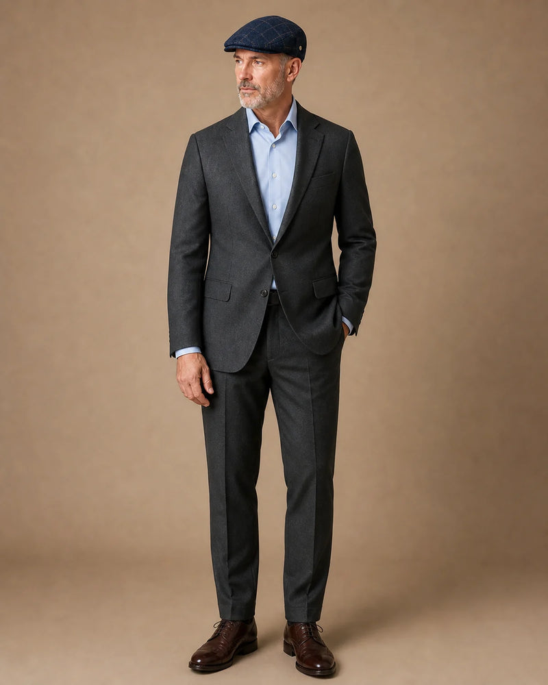 Look formal masculino com a Boina Masculina Inglesa Lã Tweed Dublin Plaid Blue