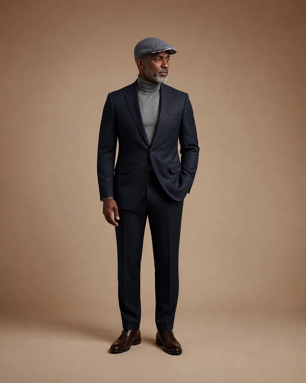 Homem negro 45+ de corpo inteiro com Boina Masculina Inglesa Linho Ascot Grey