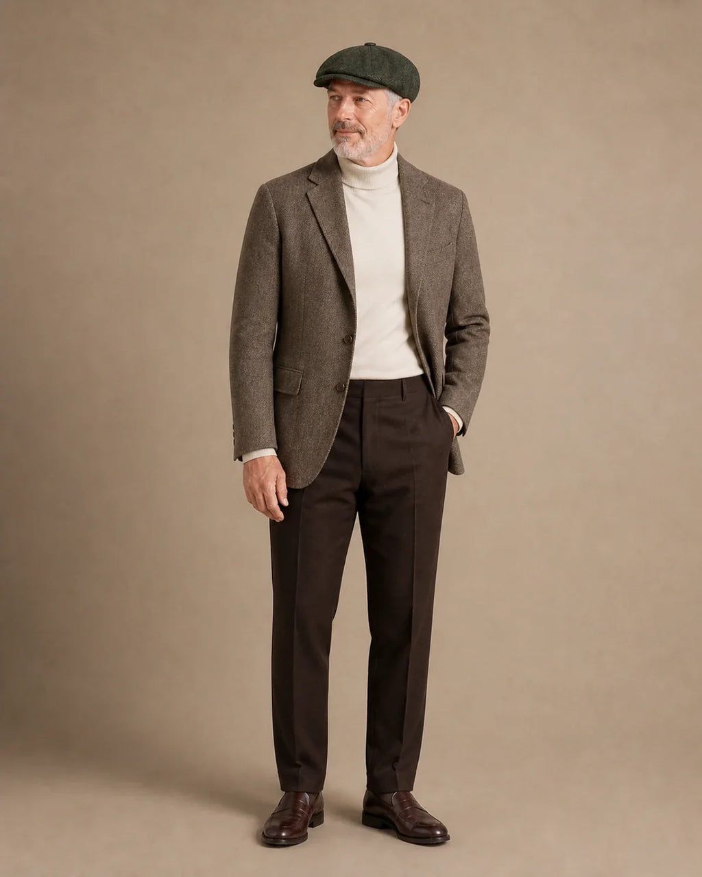 Boina Masculina Italiana Lã Tweed Galway Army Green com traje formal