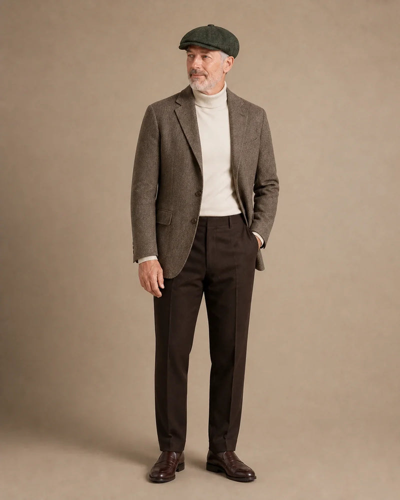 Boina Masculina Italiana Lã Tweed Galway Army Green com traje formal