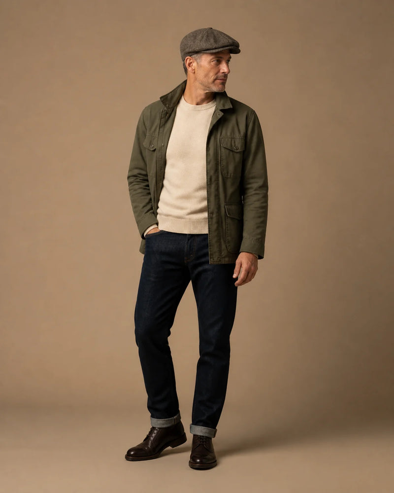 Boina Masculina Italiana Lã Tweed Galway Taupe com visual casual masculino