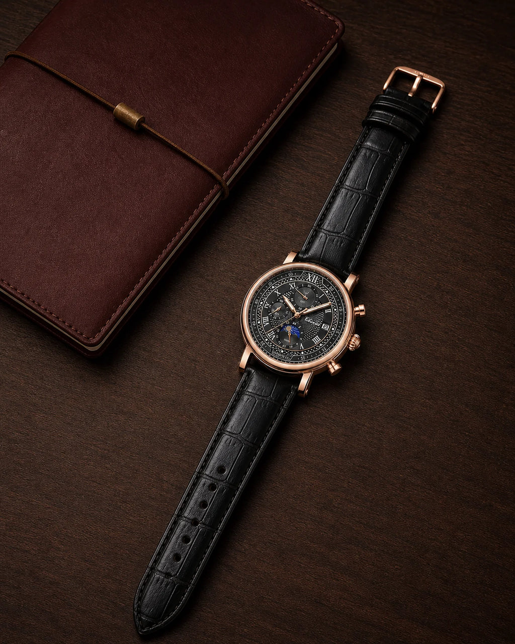 Relógio Aurelius Rose Black ambientado sobre superfície escura