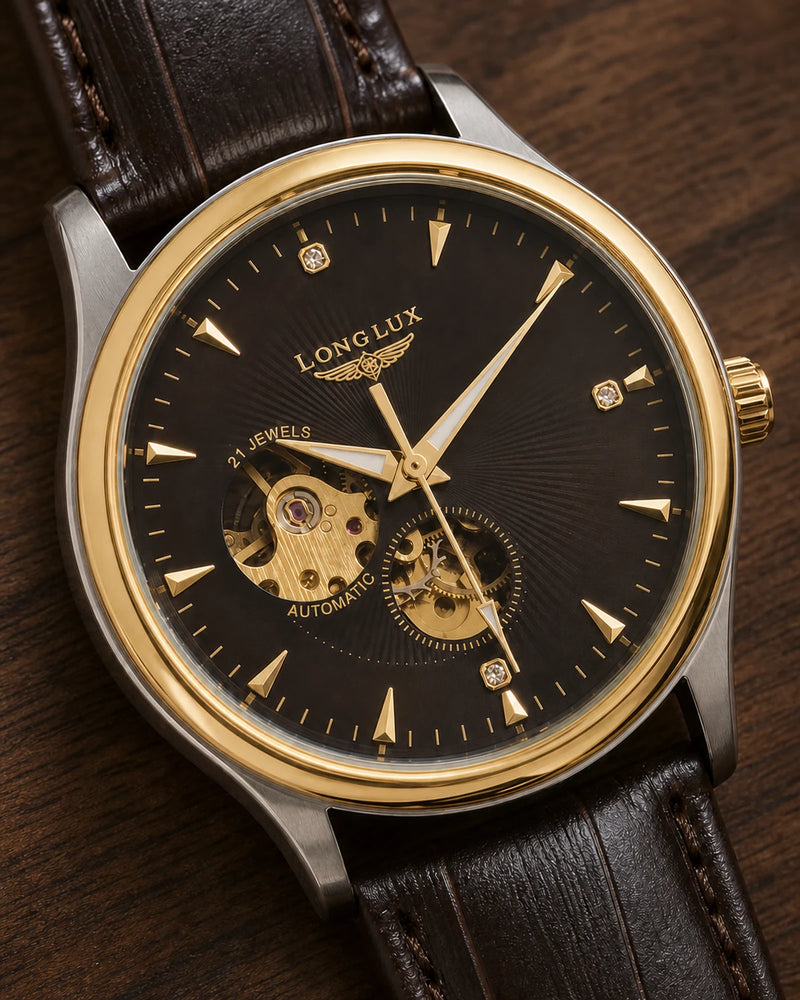 Close do mostrador skeleton e da coroa de ajuste do Relógio Masculino Automático Vittorio Black Gold