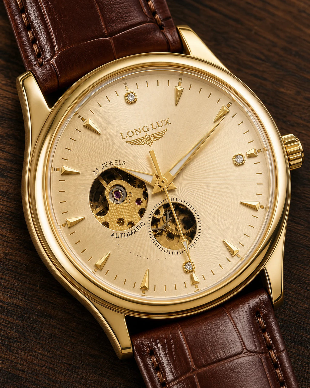 Detalhe do mostrador skeleton e da coroa do Relógio Masculino Automático Vittorio Champagne Gold