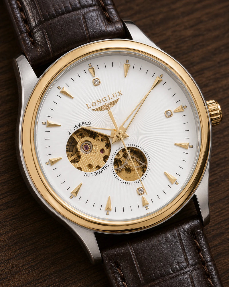 Detalhe do mostrador skeleton e da coroa do Relógio Masculino Automático Vittorio Gold Silver White