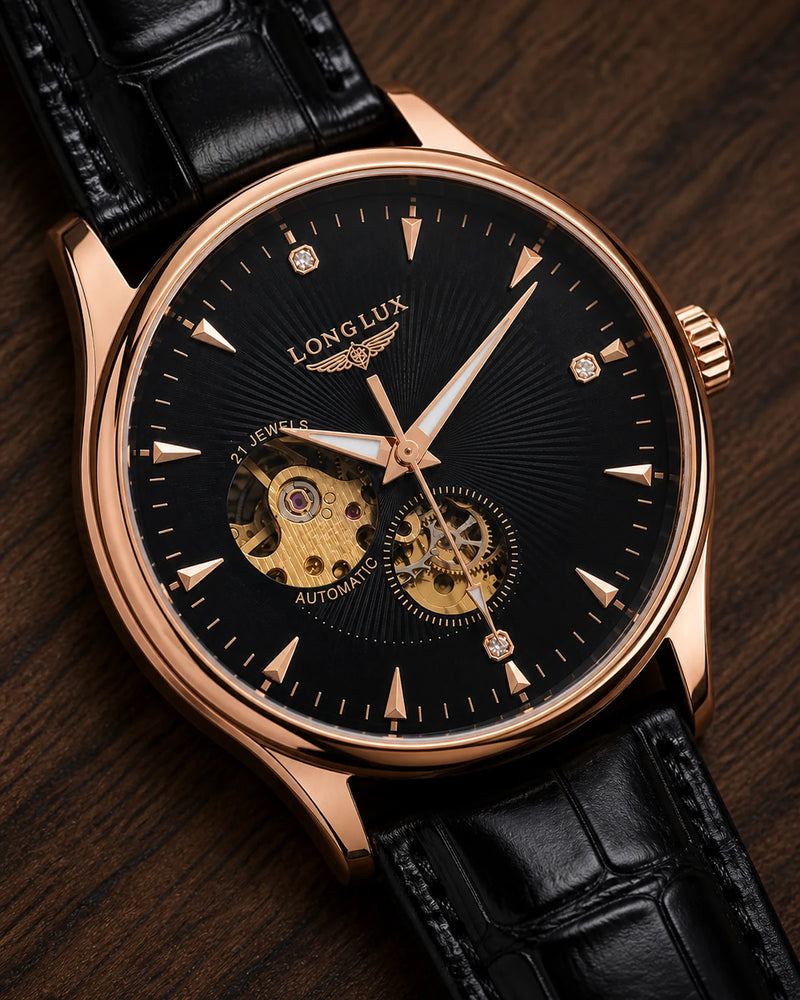 Detalhe do mostrador skeleton e da coroa do Relógio Masculino Automático Vittorio Rose Gold Black