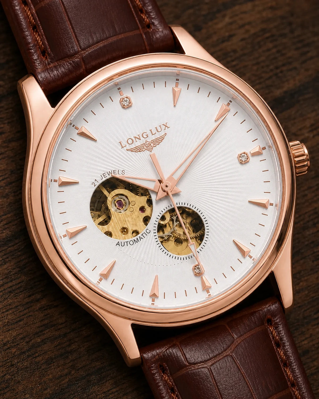 Detalhe do mostrador skeleton e da coroa do Relógio Masculino Automático Vittorio Rose Gold White