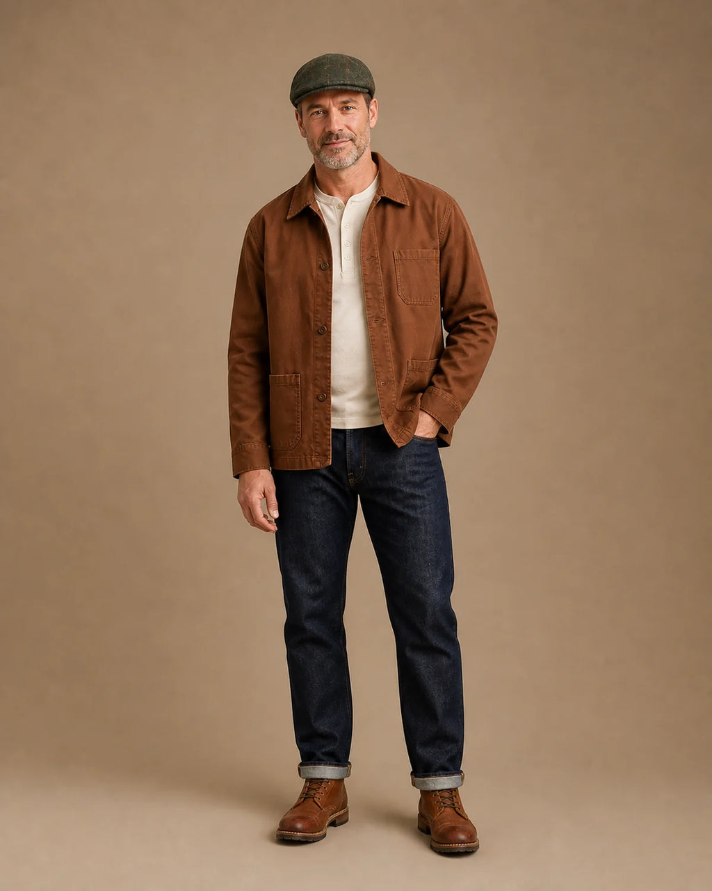 Look casual masculino com a Boina Masculina Inglesa Lã Tweed Dublin Plaid Green