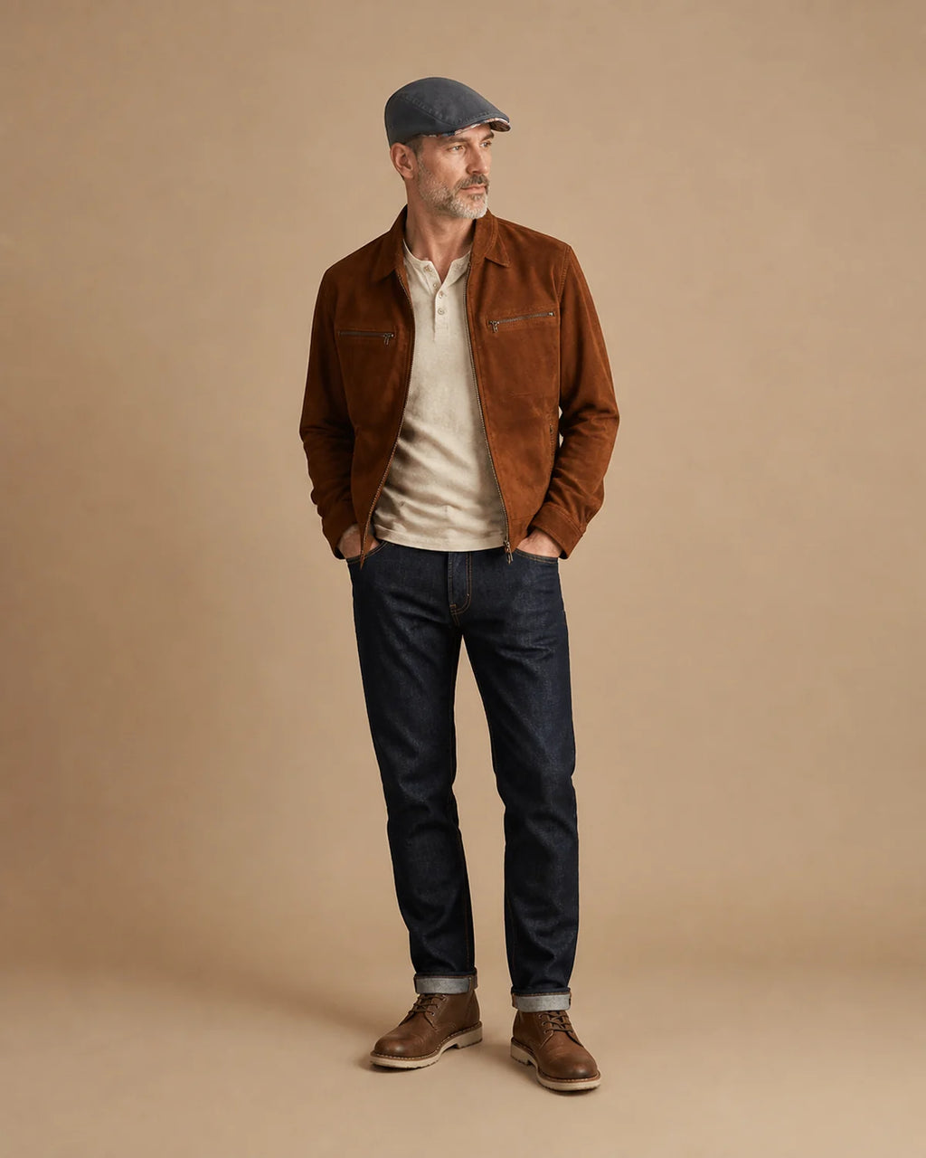 Homem branco 45+ de corpo inteiro com Boina Masculina Inglesa Linho Ascot Grey