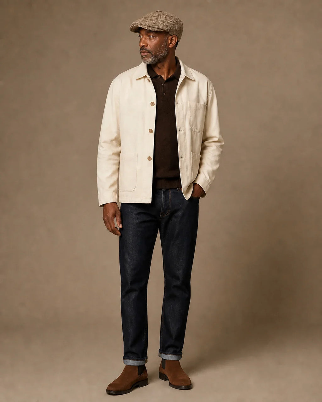 Look casual masculino com Boina Italiana Lã Tweed Galway Khaki