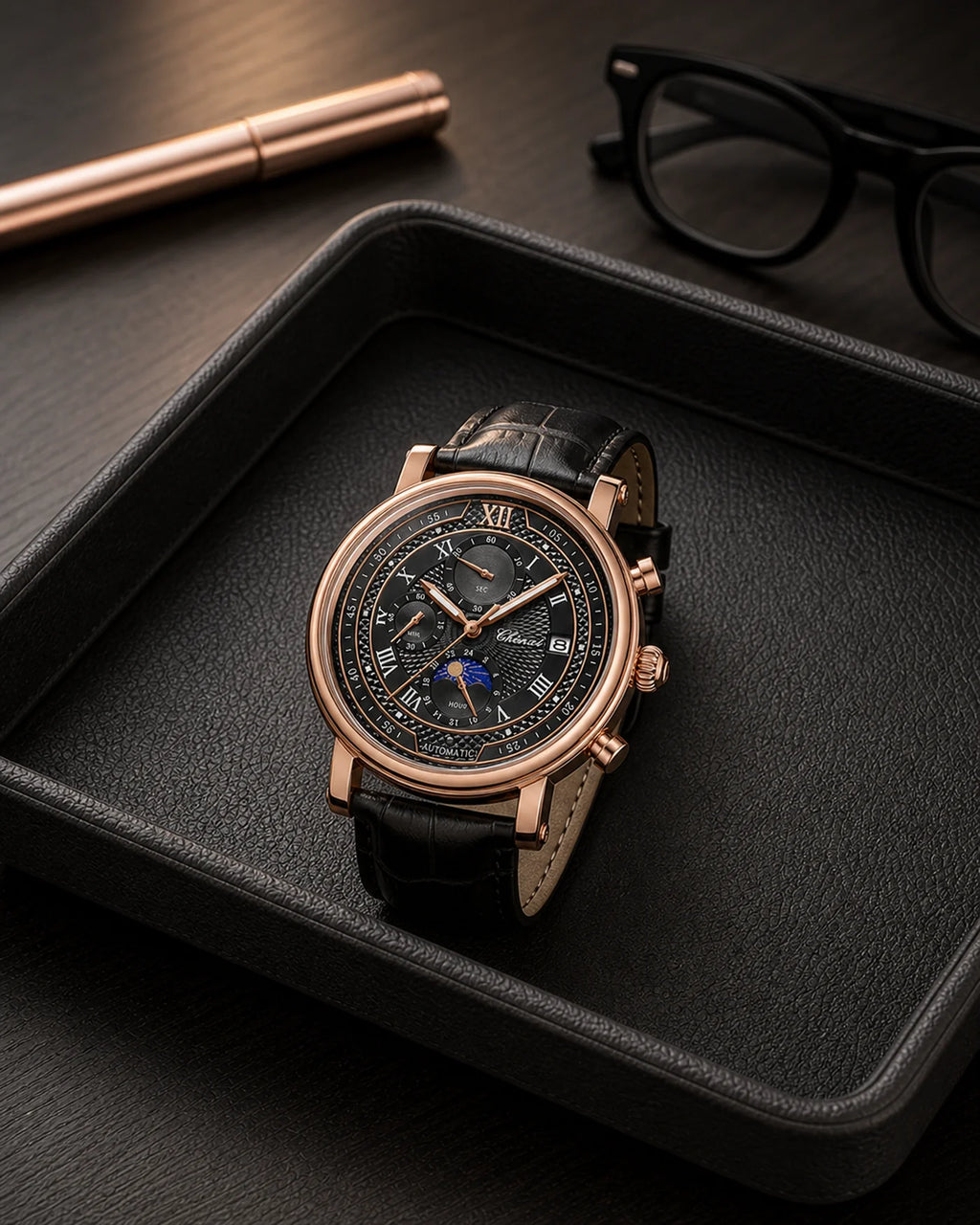 Relógio Aurelius Rose Black em composição de escritório elegante