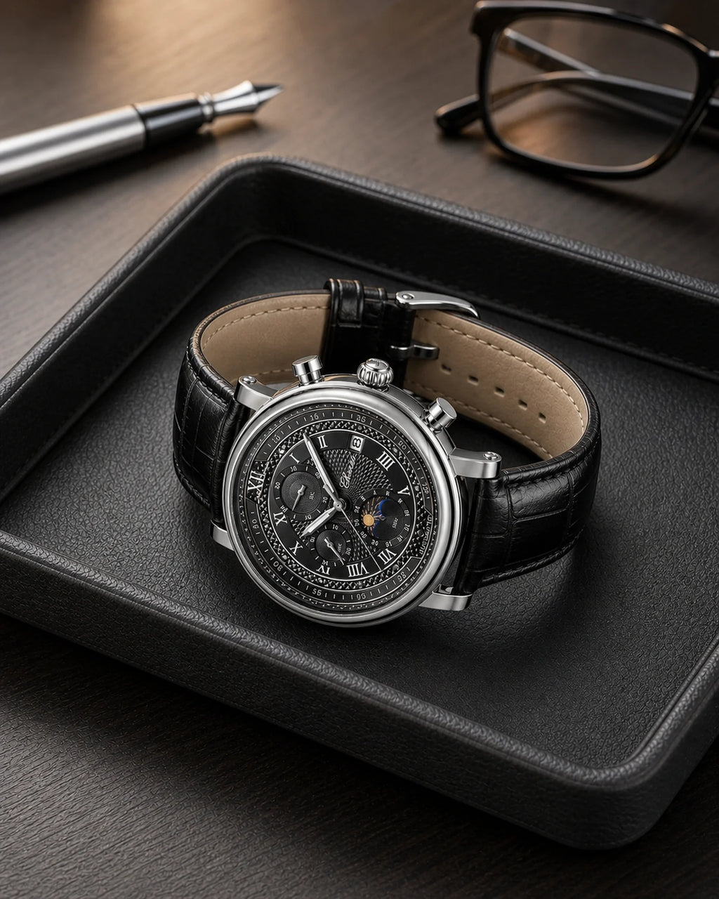 Relógio Aurelius Silver Black em composição de escritório sofisticada