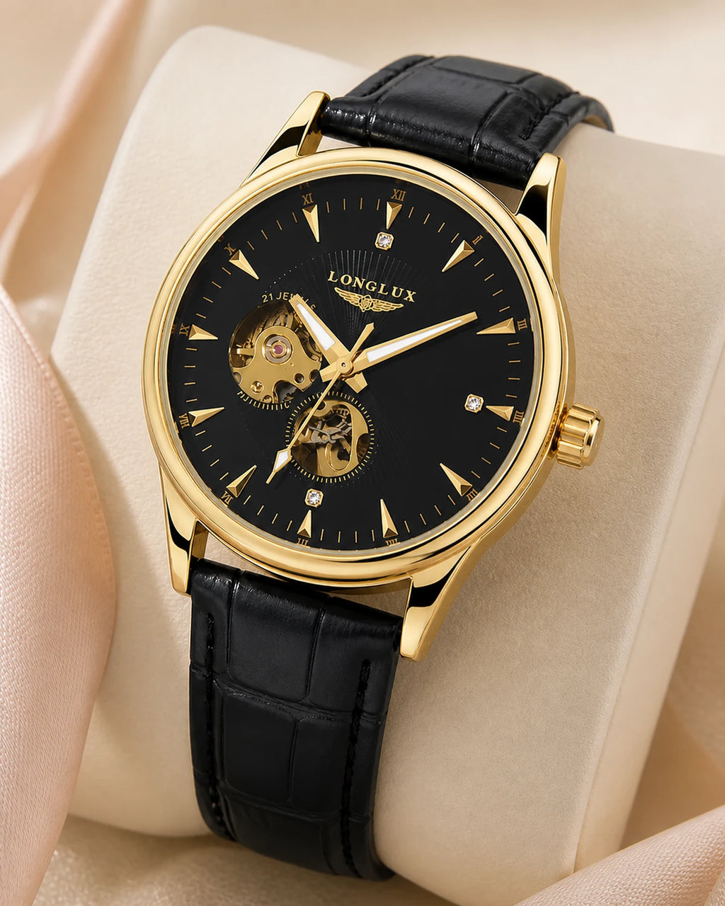 Close frontal do Relógio Masculino Automático Vittorio Gold Black com mecanismo aparente