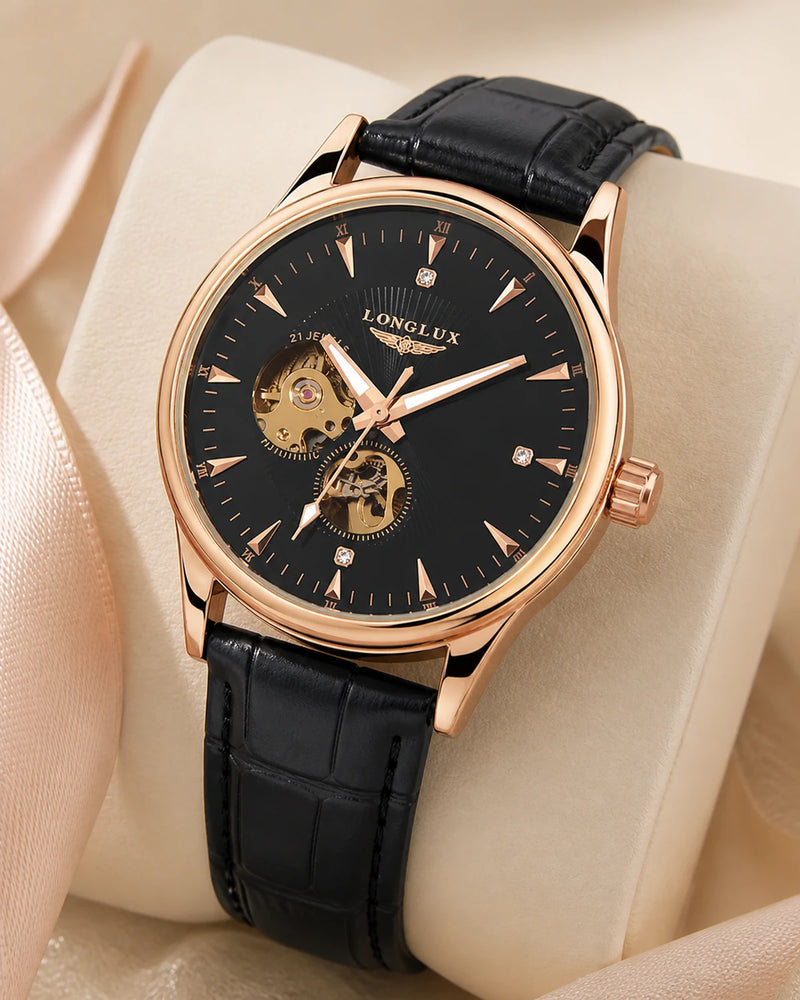 Close frontal do Relógio Masculino Automático Vittorio Rose Gold Black com mecanismo aparente