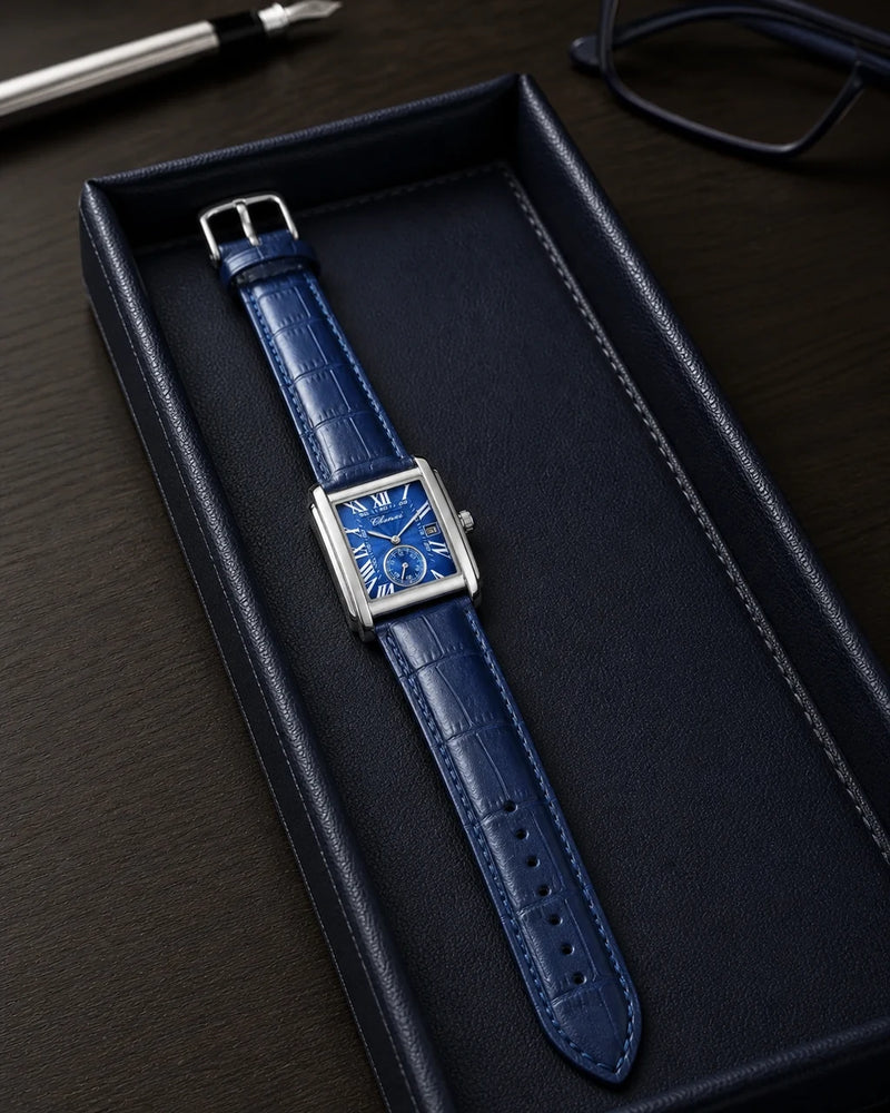 Relógio Masculino Quartz Windsor Blue completo em estojo azul, com pulseira inteira