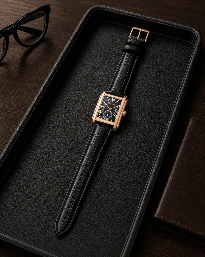 Relógio Masculino Quartz Windsor Rose Black completo em estojo de couro, com pulseira inteira