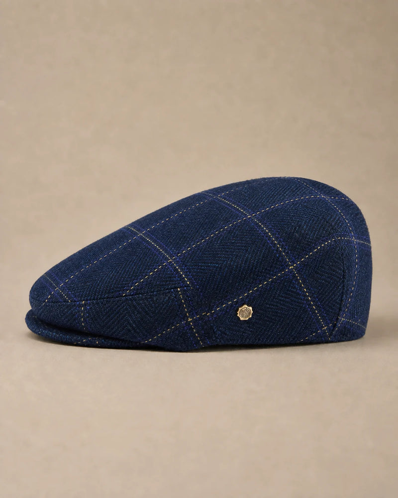 Vista lateral da Boina Masculina Inglesa Lã Tweed Dublin Plaid Blue